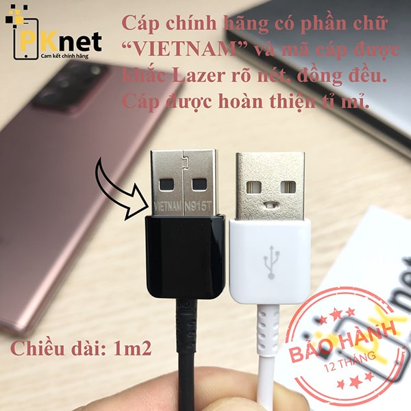 Dây sạc Note 8 được hoàn thiện tỉ mỉ, chính xác và  có khắc chữ Việt Nam bằng Lazer rõ nét.